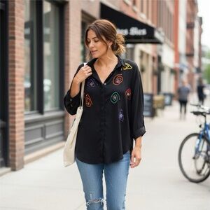 Vintage Embroidered Black Women's Top Y2K Retro Artsy